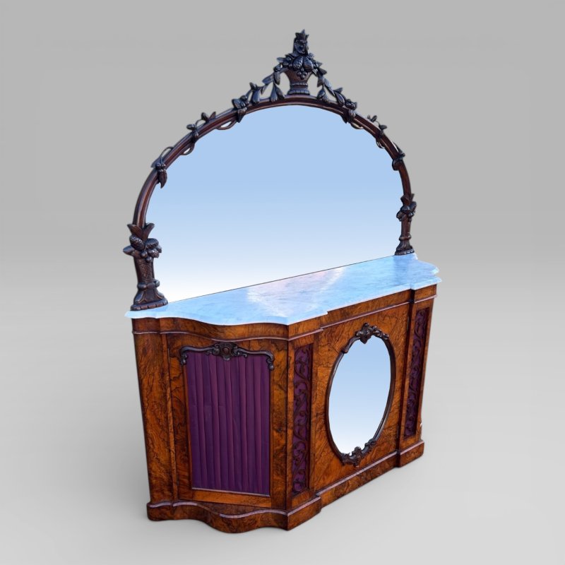 Antique Victorian Walnut & Marble Topped Carved Mirror Backed Sideboard Credenza - Image 2